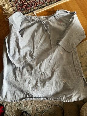 Women’s Light Blue Checked Tie-Neck Blouse with Embroidered Paisley